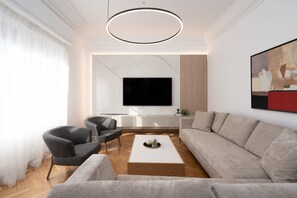 Luxury Apartment, 4 Bedrooms, Terrace, Corner | Living room | 62-inch plasma TV with cable channels, TV