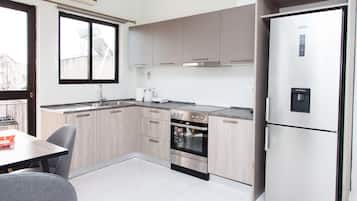 Departamento | Cocina privada | Refrigerador con congelador, microondas, horno y parrilla de estufa