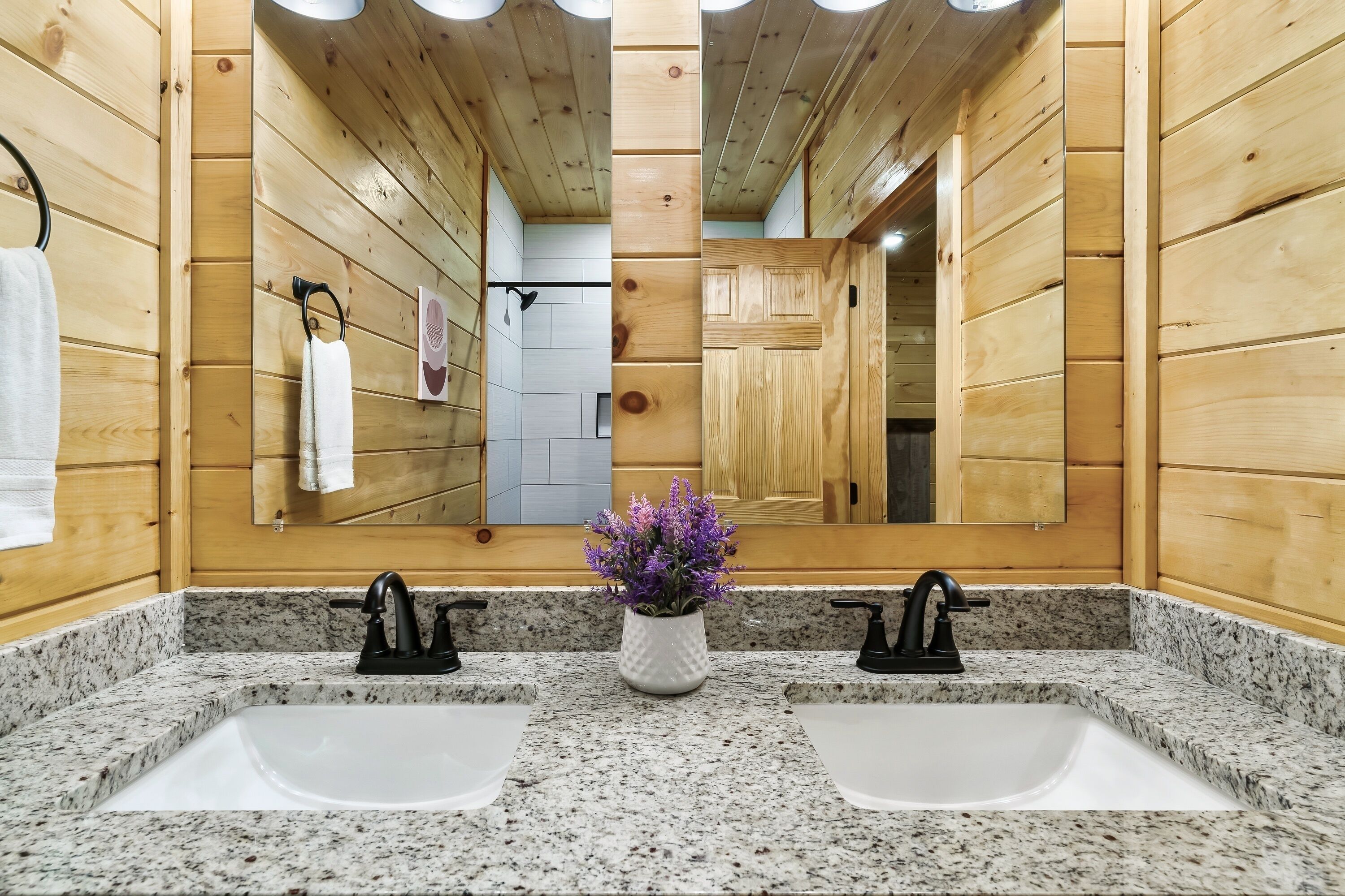Une salle de bain avec des murs en bois, un comptoir en granit, deux éviers, un miroir et une plante en pot.