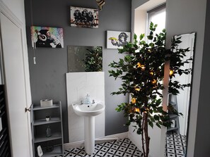 Hair dryer, towels, soap, shampoo