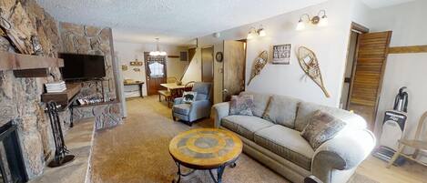 Televisión, chimenea, reproductor de DVD