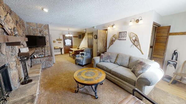 Télévision, cheminée, lecteur de DVD