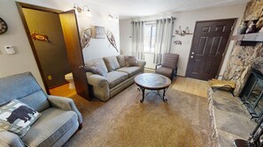 Télévision, cheminée, lecteur de DVD