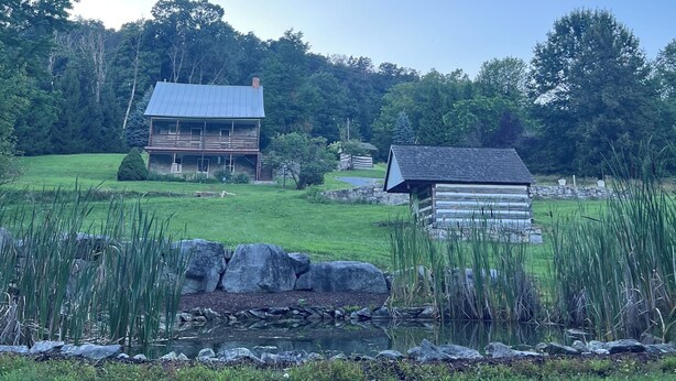 A rustic cabin with a metal roof and a wooden structure with a sloped roof, surrounded by a grassy field and a small pond with rocks and reeds.