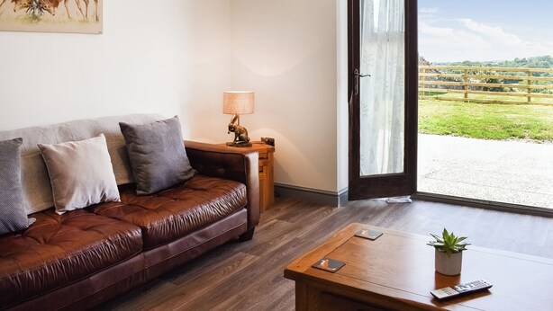 A living room with a brown leather sofa, a small table with a lamp, and a painting of deer on the wall. - 3 bedroom accommodation in Caerarfon (Caerarfon)