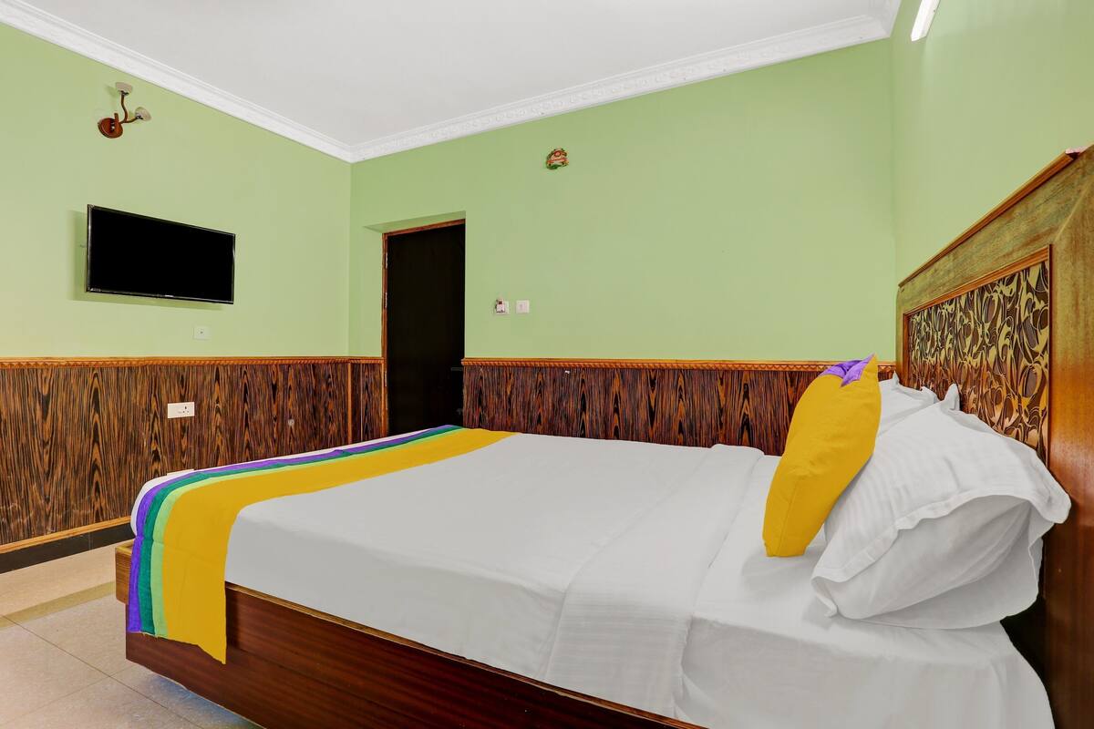 A bedroom with a bed, a television, and a wardrobe.