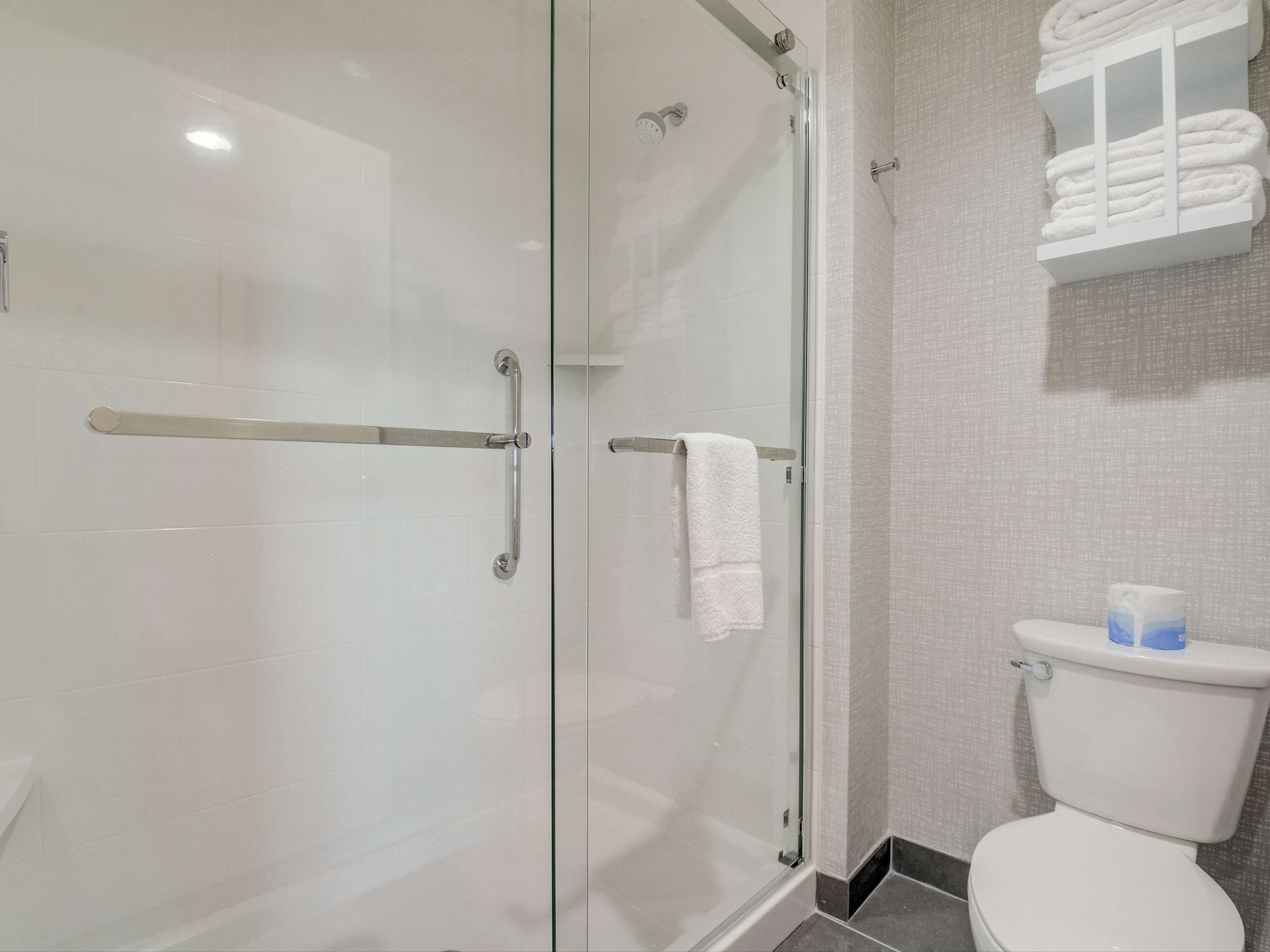 A modern bathroom with a glass shower enclosure, a white toilet, and a towel rack with folded towels.