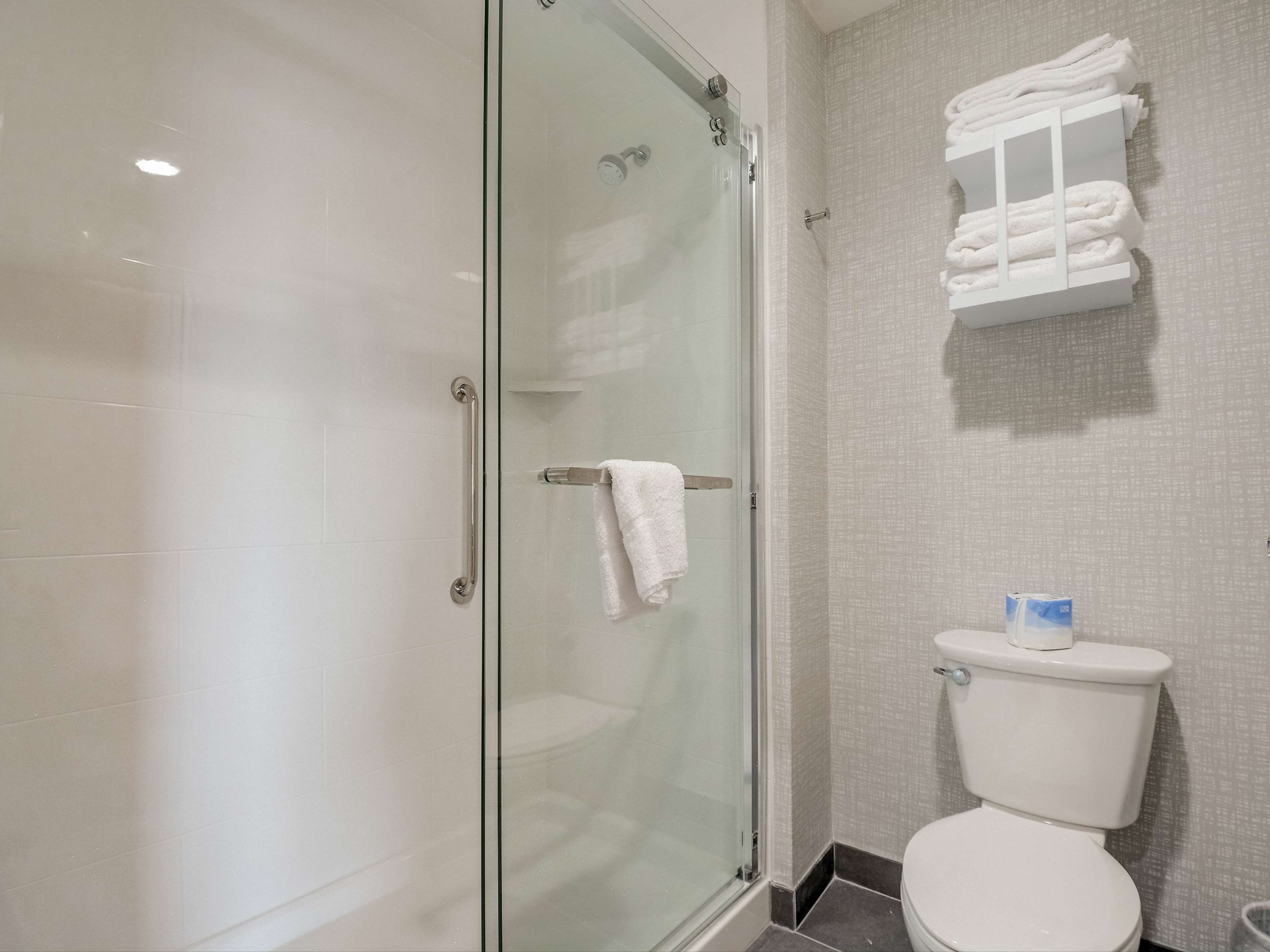 A modern bathroom with a glass-enclosed shower, a white toilet, and a towel rack with folded towels.