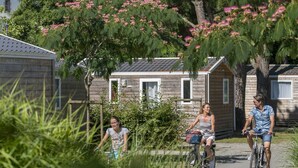A wooden house with a tiled roof, a small porch, and a bicycle path. - Le Carrousel, Premium 4 persons in Nantes Camping***** (Nantes)