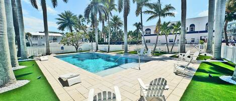Outdoor pool, pool umbrellas, pool loungers