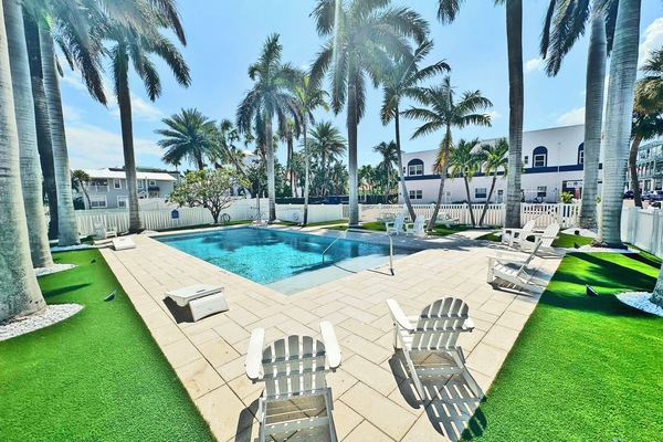 Outdoor pool, pool umbrellas, pool loungers