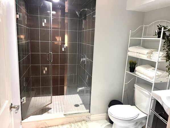 Douche, sèche-cheveux, serviettes fournies, savon