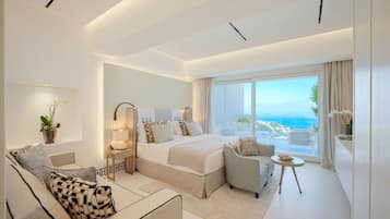 Executive studio suite, uitzicht op zee | Italiaanse Frette-lakens, luxe beddengoed, donsdekens