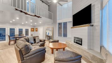 Smart TV, fireplace, video games, DVD player