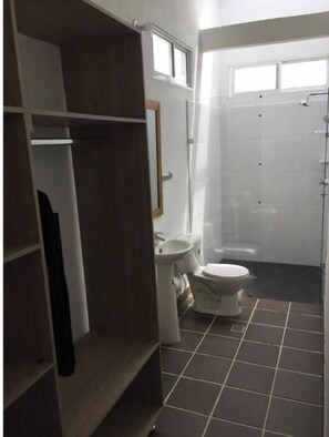 Shower, towels, toilet paper