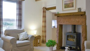 A cozy living room with a sofa, a fireplace, a potted plant, and a rug. - 3 bedroom accommodation in Sunderland, near Bassenthwaite (Sunderland, near Bassenthwaite)