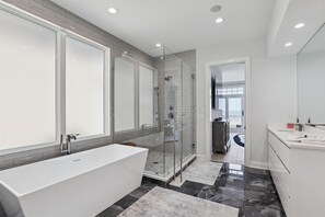 Combined shower/tub, towels, shampoo, toilet paper