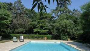Una piscina rectangular con agua azul cristalina, rodeada por una terraza pavimentada. Hay dos sillas reclinables y una pequeña mesa en la terraza. La piscina está ubicada en un exuberante jardín con diversas árboles y arbustos.