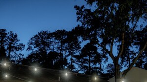 Een terras buiten met rieten meubels, een vuurkorf en lichtslingers.
