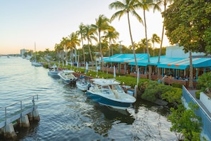 Un puerto deportivo con barcos amarrados, palmeras y un restaurante frente al agua con terraza.