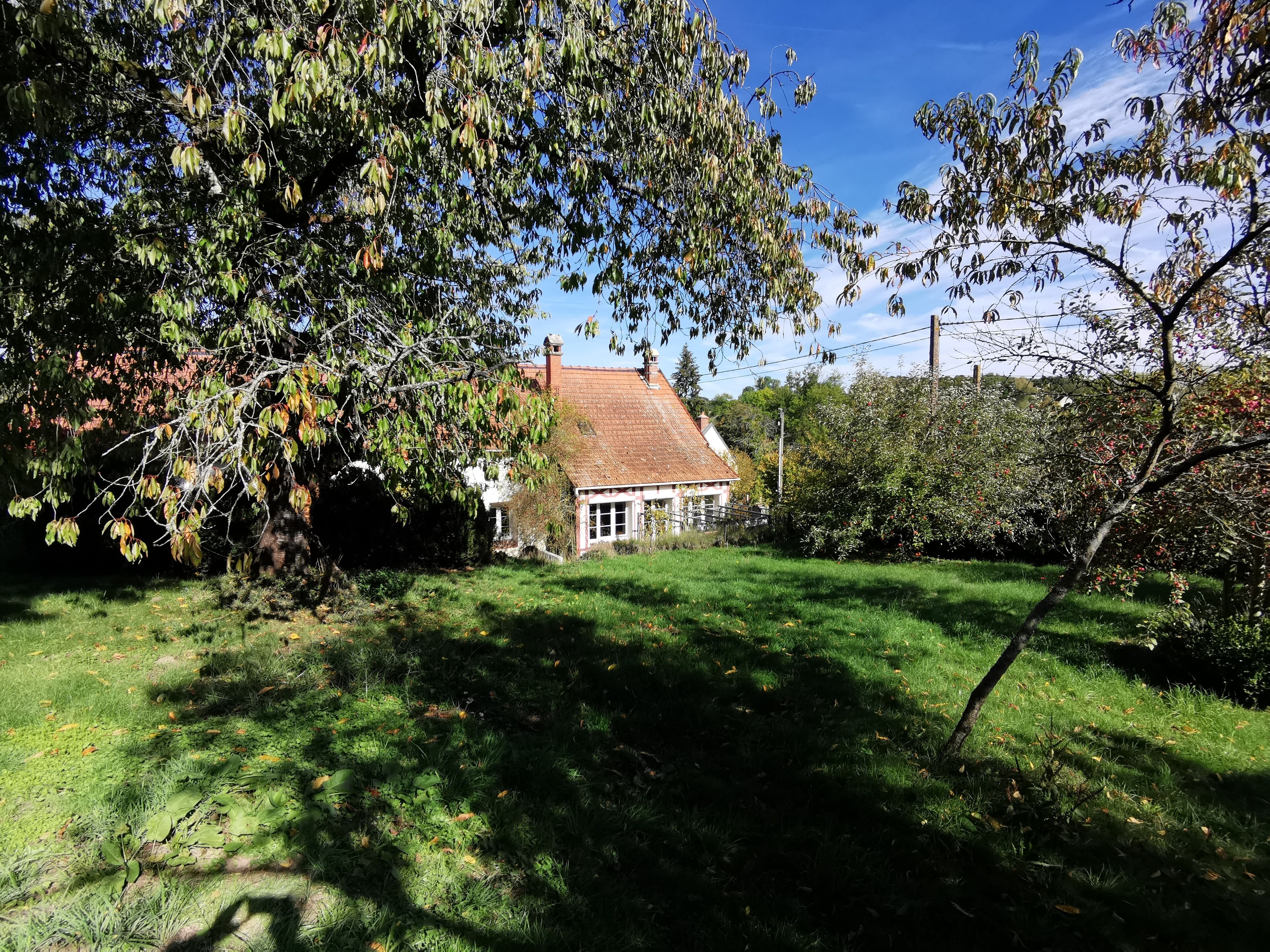 A house with a red-tiled roof, surrounded by a grassy yard and trees.