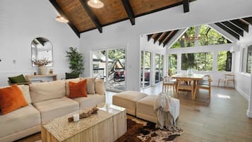 Smart TV, fireplace, DVD player, books