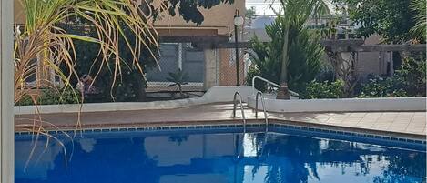 A swimming pool with a tiled deck, surrounded by various plants and a building in the background.