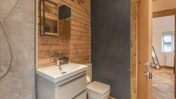 A bathroom with a white sink, a mirror, a toilet, and a shower area.