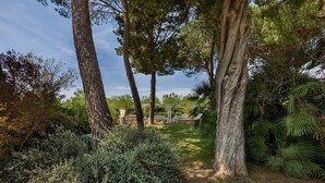 A garden with tall trees, a grassy area, and a white gazebo. - 2920 Villa Oasis by Perle di Puglia (Mottola)