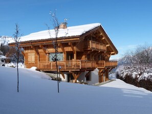 vue sud est en hiver ; les balcons et terrasses sont face au mont Blanc