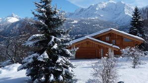 Eine Holzhütte mit geneigtem Dach, umgeben von schneebedeckten Bäumen und Bergen im Hintergrund.