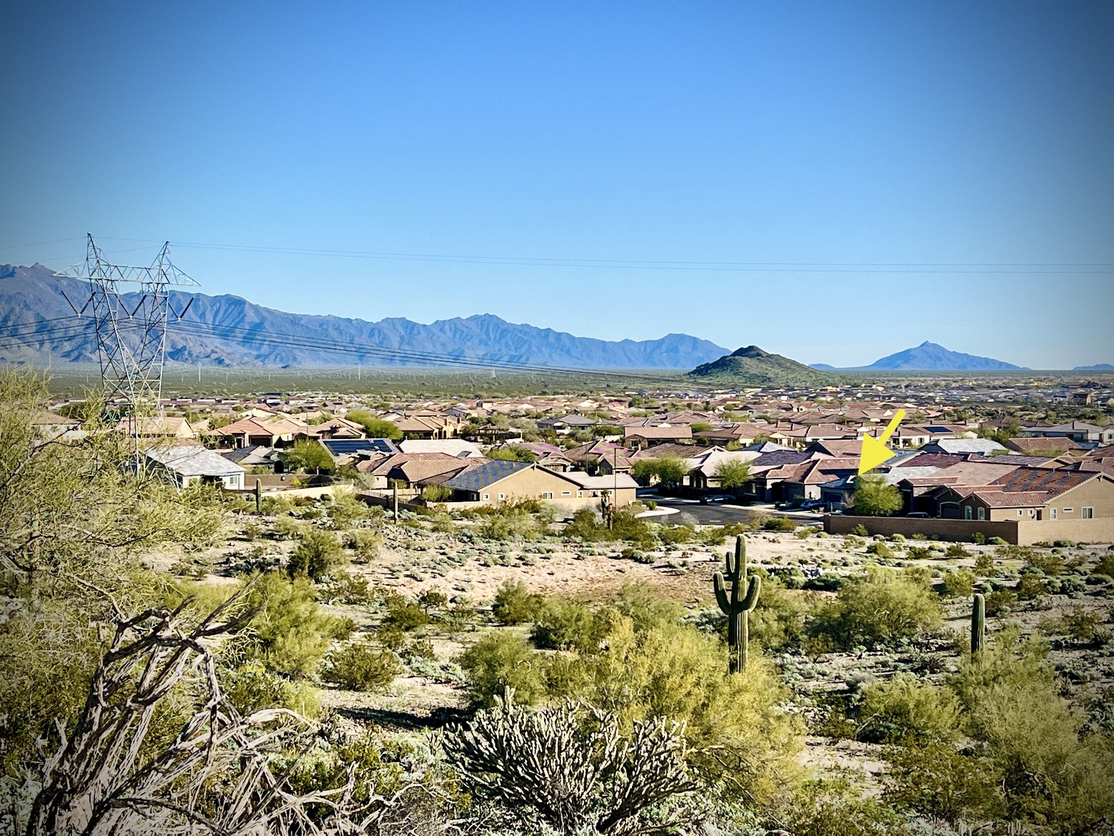 Un pueblo desértico con casas, cactus y montañas al fondo.