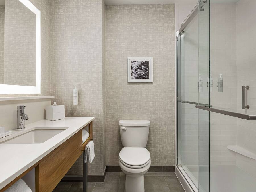 A modern bathroom with a white sink, a toilet, and a glass shower enclosure.
