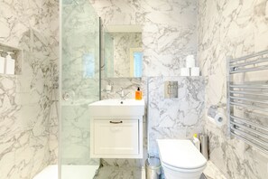 Shower, hair dryer, towels, soap