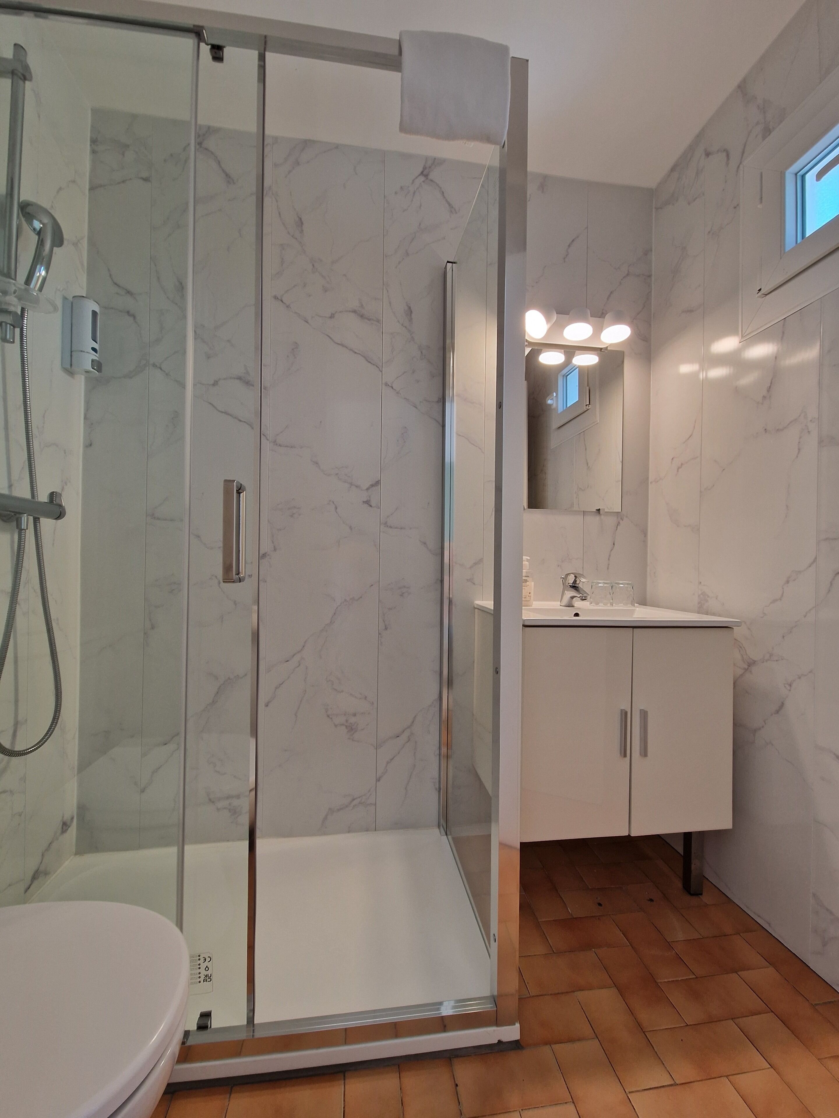 Un baño moderno con ducha de vidrio, un lavabo blanco y un espejo sobre el lavabo.
