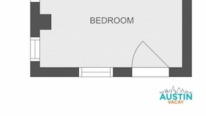 Un plan d’étage comprenant une chambre, une salle de bain et un espace douche.