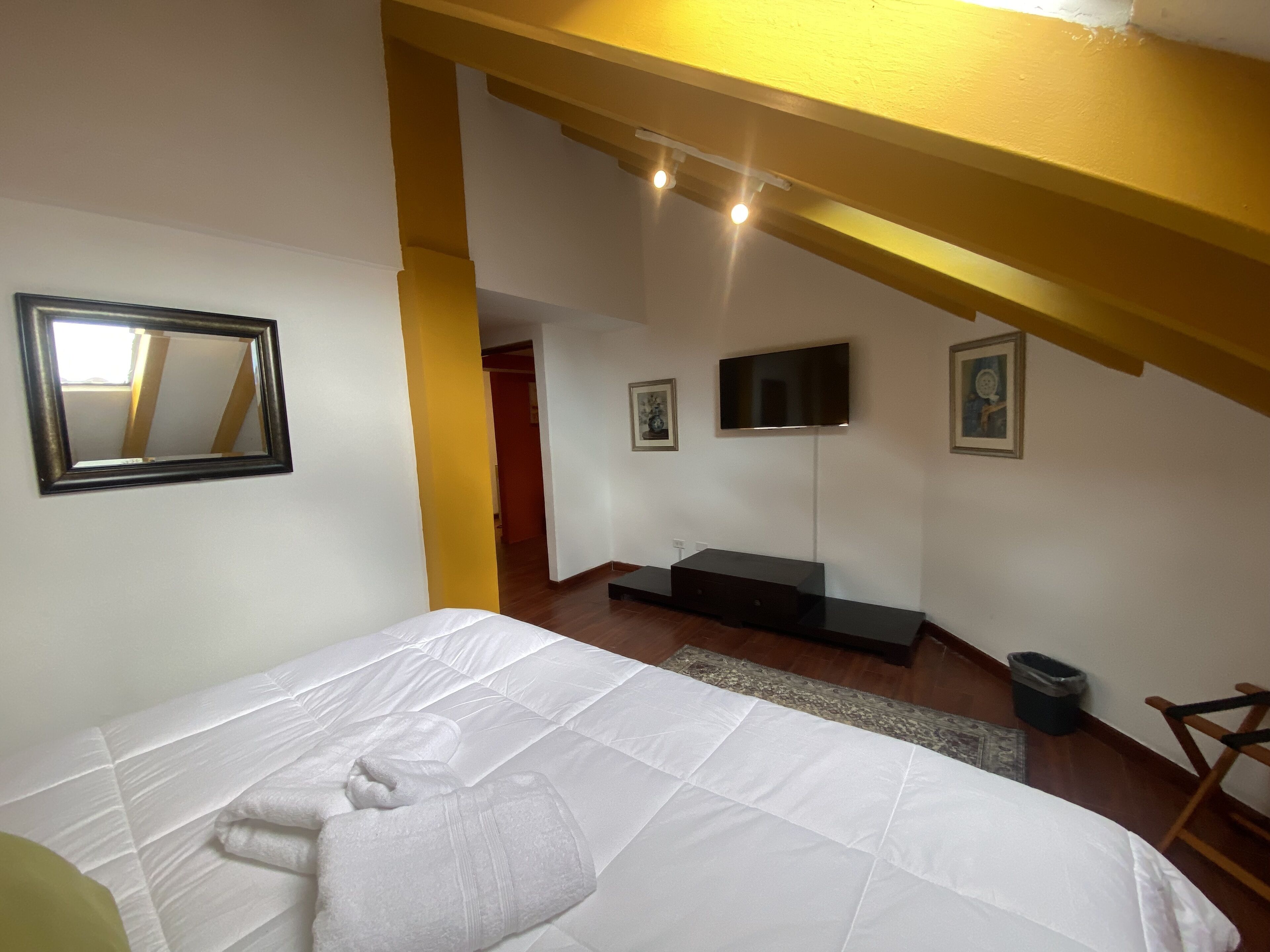 Un dormitorio con una cama, un televisor y un espejo.