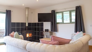 A living room with a fireplace, a sofa, and a television on the wall. - Red Kite Lodge - UK32610 (Stanner, near Kington)