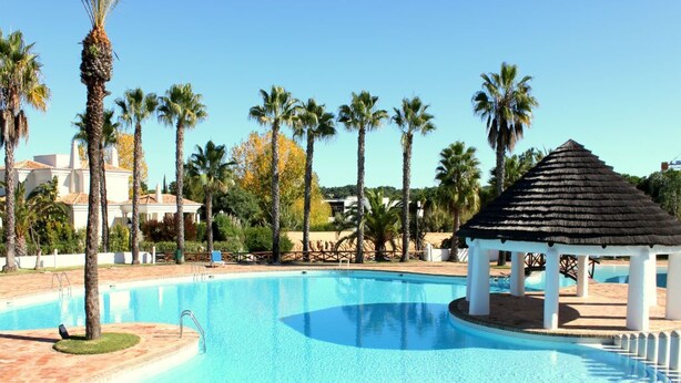 Ein Pool mit Kiosk, Palmen und einem gefliesten Weg.