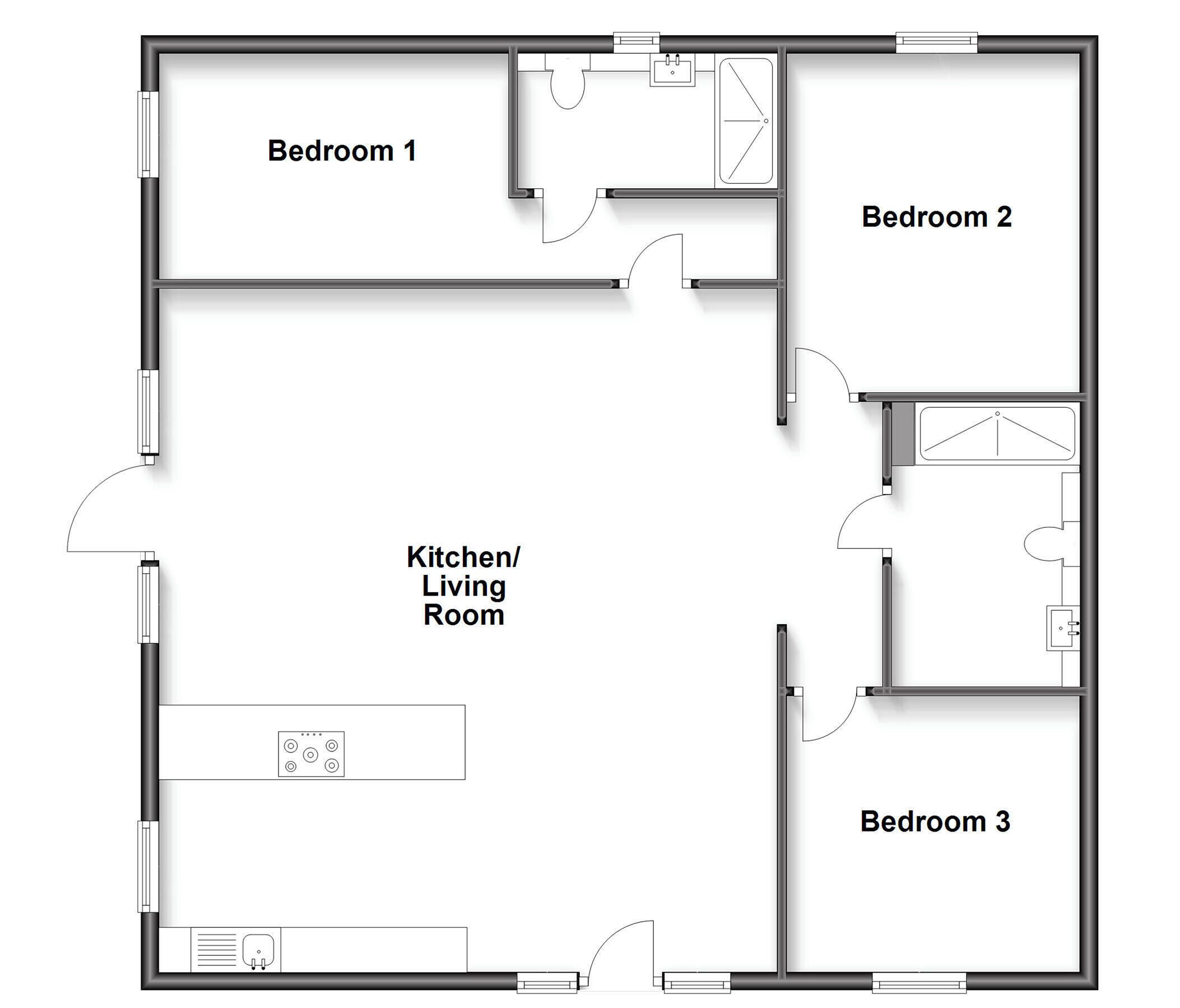 A floor plan with three bedrooms, a kitchen/living room, and a bathroom.