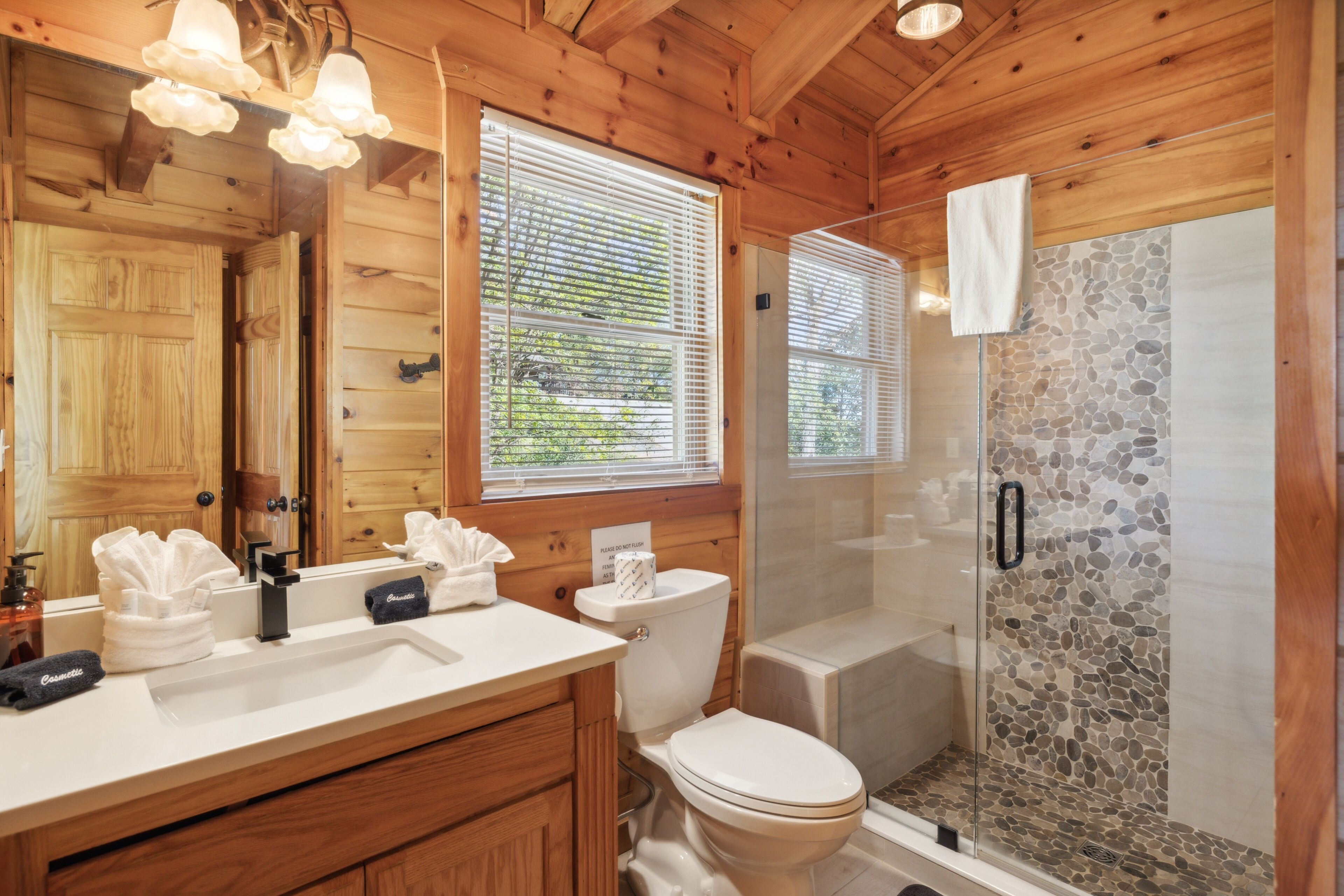 Une salle de bain rustique, aménagée dans une cabane en bois, avec un lavabo, des toilettes et une douche à parois de verre.