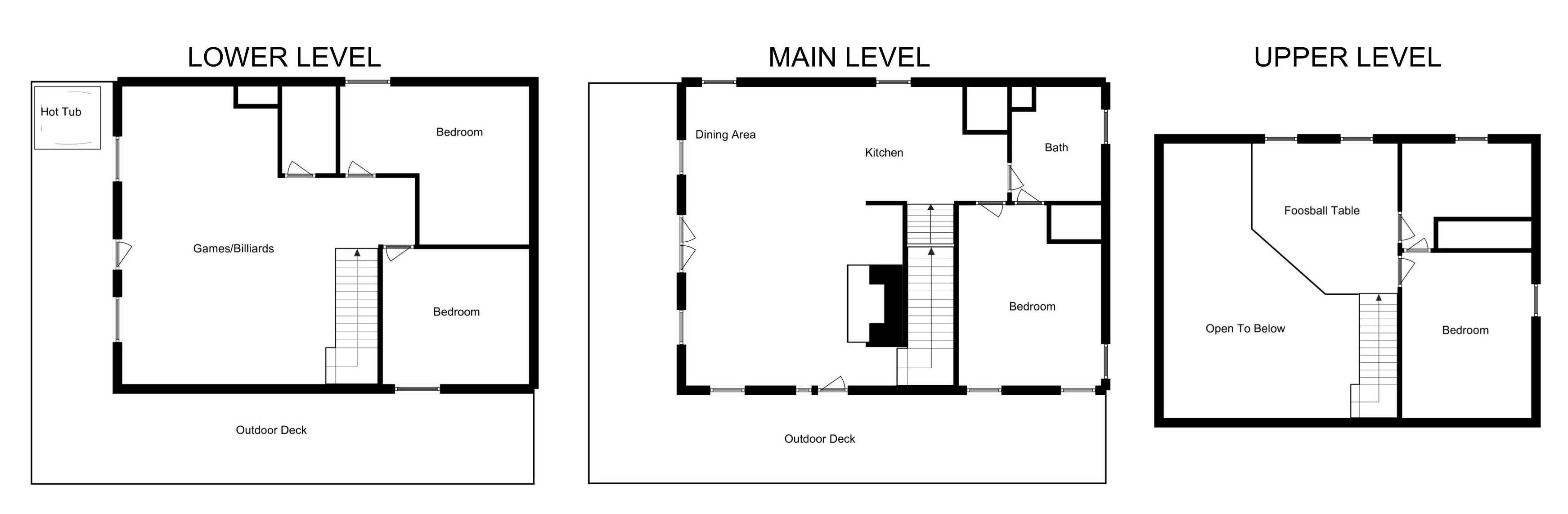 Three floor plans of a building with a hot tub, games/billiards, dining area, kitchen, bathroom, and bedrooms.