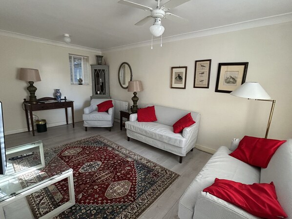 A living room with a sofa, armchair, and a coffee table. There is a ceiling fan, a lamp, and a rug.