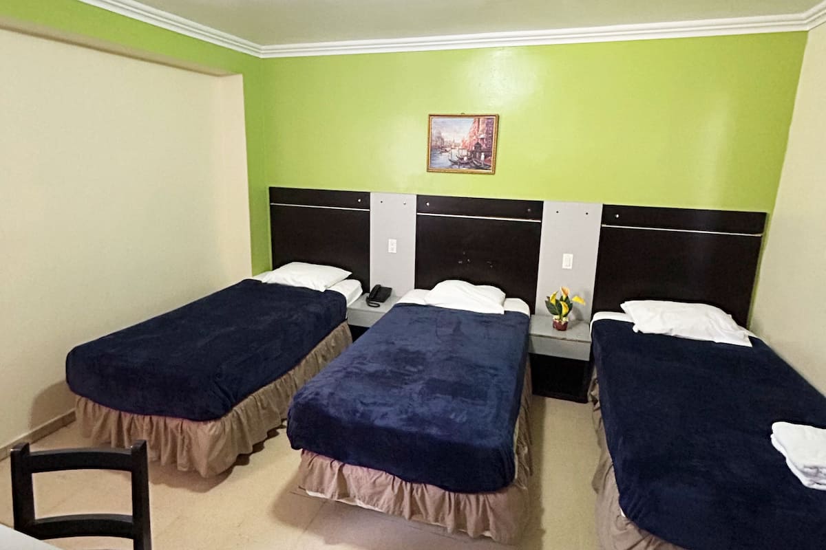 Una habitación con dos camas individuales, un escritorio y una silla.