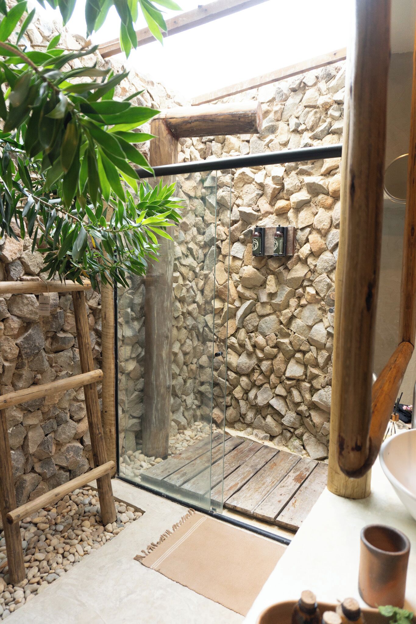 A glass-enclosed shower area with a stone wall, wooden ladder, and a potted plant.
