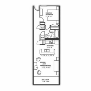 A floor plan of a residential layout with a master bedroom, A/C, bath, kitchen, living and dining room, and a balcony.