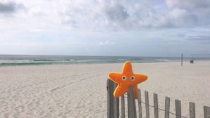 Ein Strand mit einer Holzlattenzaun und einer Meerstern-Dekoration.