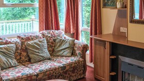 A cozy living room with a floral sofa, a wooden cabinet, and a fireplace. - Siskin Lodge - UK39664 (Craobh Haven)