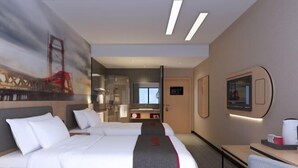 A hotel room with two beds, a desk, a mirror, and a painting of a bridge. - Shankee Hotel (Xianyou Lizhong Pedestrian Street) (Xianyou)