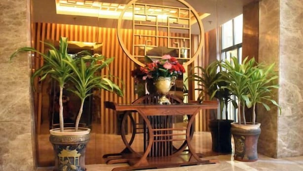 A reception area with a wooden reception desk, two potted plants, a decorative wall panel, and a large window. - Shankee Hotel (Xianyou Lizhong Pedestrian Street) (Xianyou)